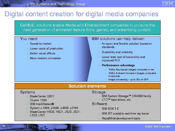 IBM Systems and Technology Group Digital content creation for digital media companies Cell/B. E.