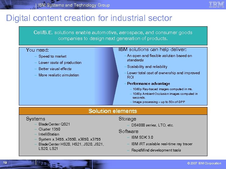 IBM Systems and Technology Group Digital content creation for industrial sector Cell/B. E. solutions