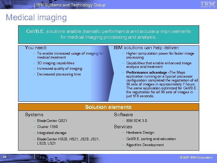 IBM Systems and Technology Group Medical imaging Cell/B. E. solutions enable dramatic performance and