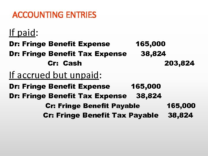 ACCOUNTING ENTRIES If paid: Dr: Fringe Benefit Expense Dr: Fringe Benefit Tax Expense Cr: