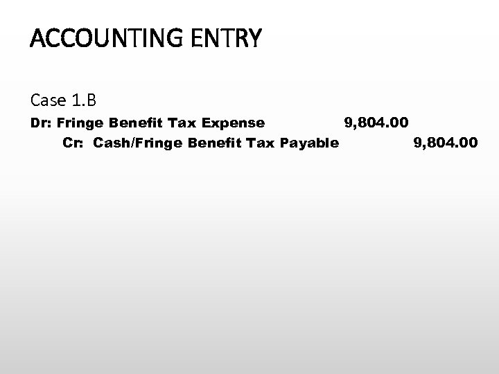 ACCOUNTING ENTRY Case 1. B Dr: Fringe Benefit Tax Expense 9, 804. 00 Cr: