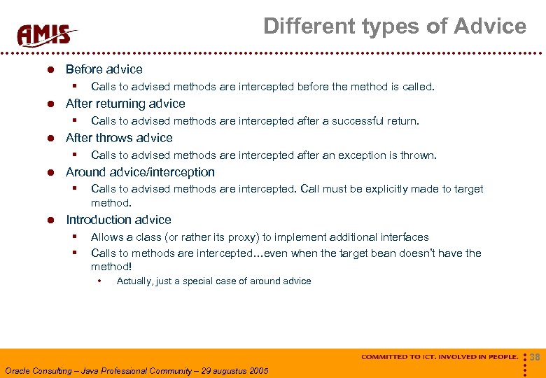 Different types of Advice Before advice § After returning advice § Calls to advised