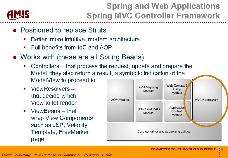 Spring and Web Applications Spring MVC Controller Framework Positioned to replace Struts § Better,