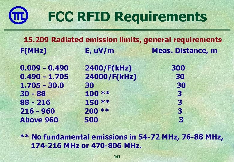 FCC RFID Requirements 15. 209 Radiated emission limits, general requirements F(MHz) E, u. V/m