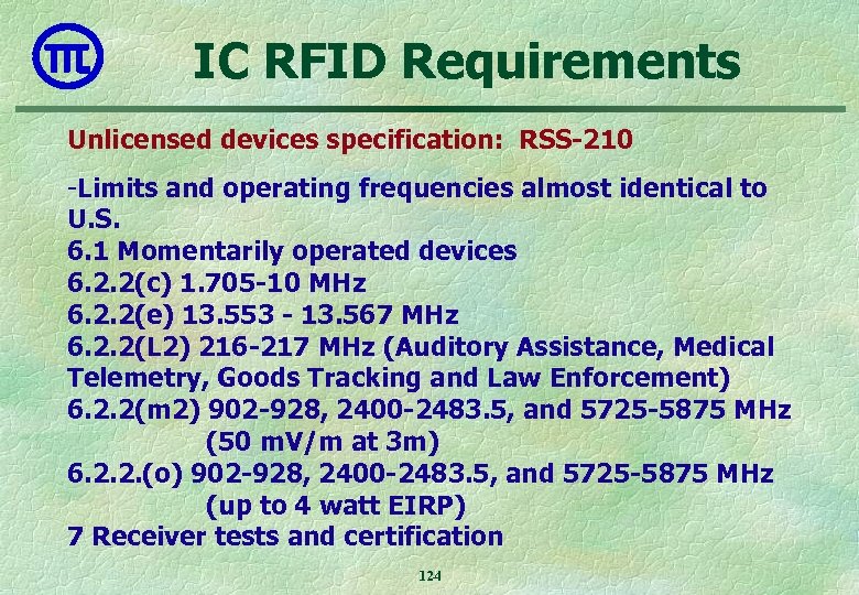 IC RFID Requirements Unlicensed devices specification: RSS-210 -Limits and operating frequencies almost identical to