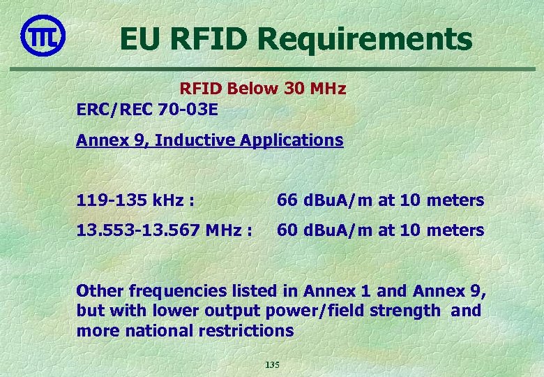EU RFID Requirements RFID Below 30 MHz ERC/REC 70 -03 E Annex 9, Inductive