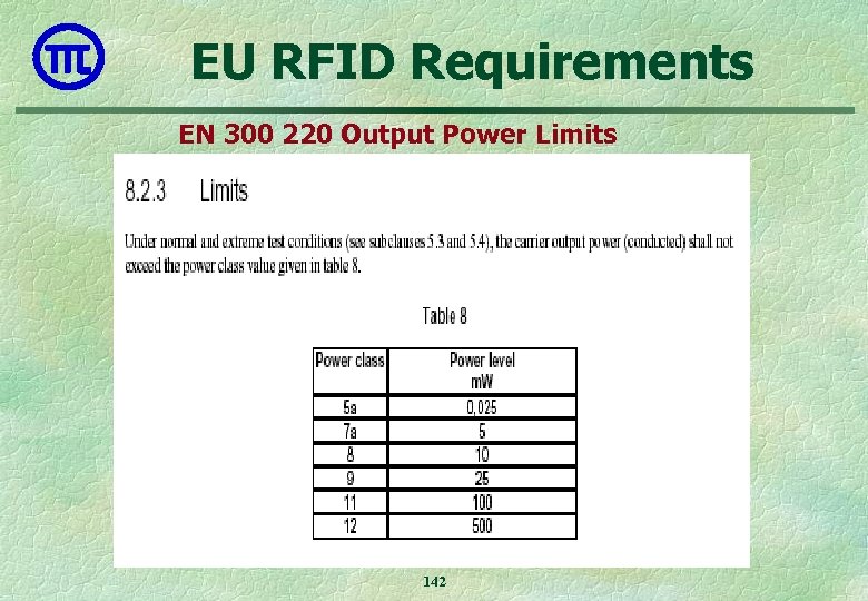 EU RFID Requirements EN 300 220 Output Power Limits 142 
