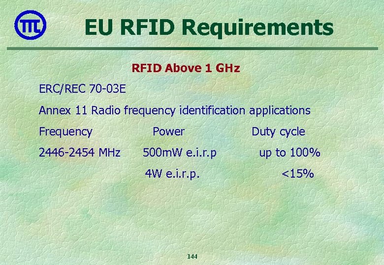 EU RFID Requirements RFID Above 1 GHz ERC/REC 70 -03 E Annex 11 Radio