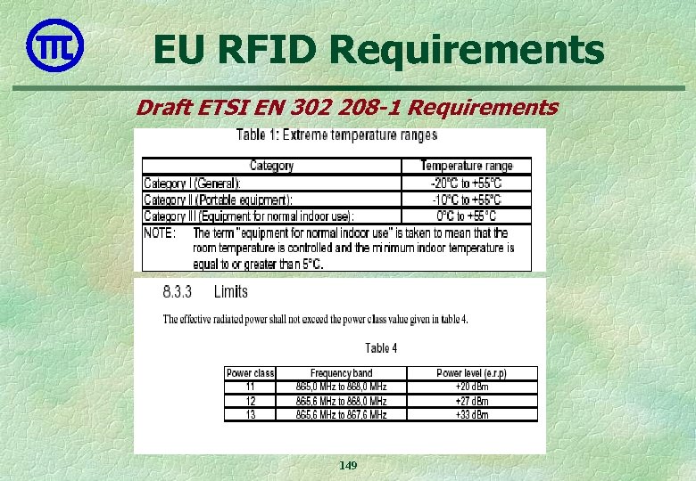 EU RFID Requirements Draft ETSI EN 302 208 -1 Requirements 149 