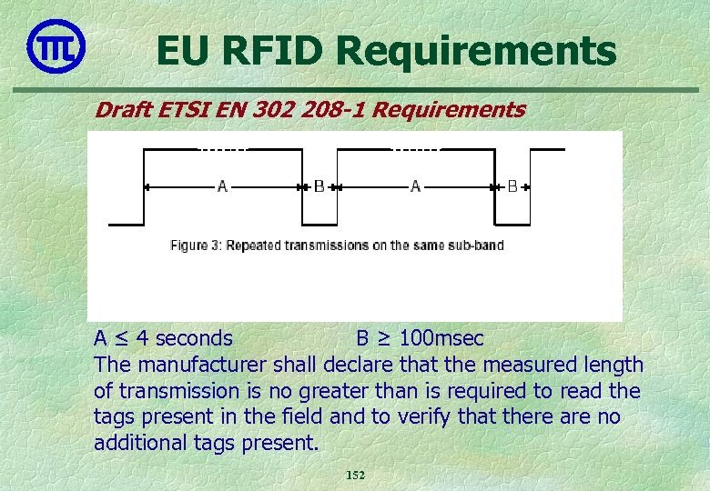 EU RFID Requirements Draft ETSI EN 302 208 -1 Requirements A ≤ 4 seconds