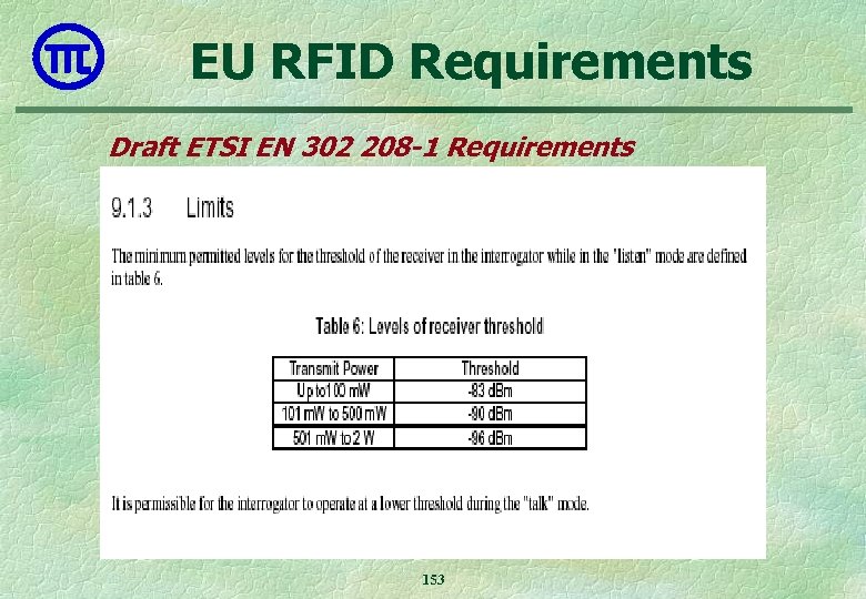 EU RFID Requirements Draft ETSI EN 302 208 -1 Requirements 153 