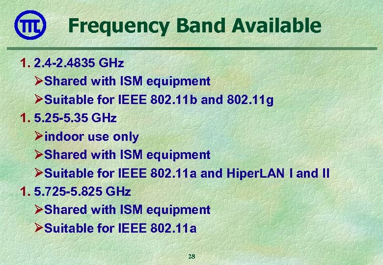 Frequency Band Available 1. 2. 4 -2. 4835 GHz Shared with ISM equipment Suitable