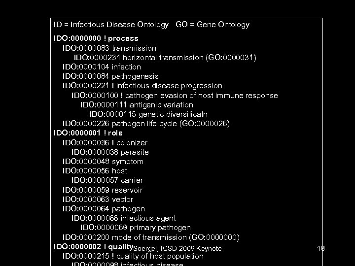 ID = Infectious Disease Ontology GO = Gene Ontology IDO: 0000000 ! process IDO: