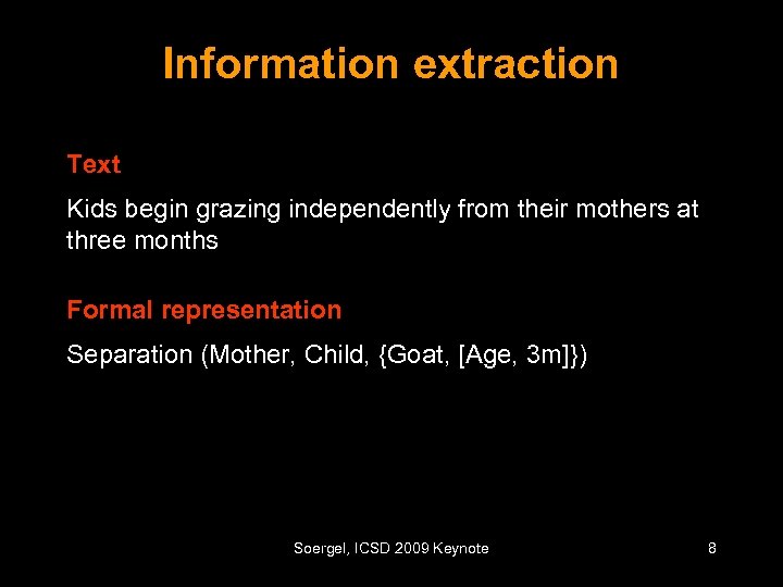 Information extraction Text Kids begin grazing independently from their mothers at three months Formal