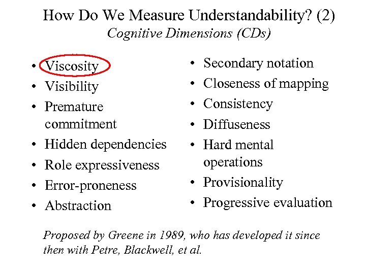 How Do We Measure Understandability? (2) Cognitive Dimensions (CDs) • Viscosity • Visibility •