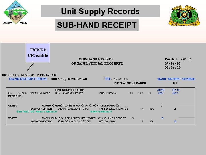 Unit Supply Records COMET SUB-HAND RECEIPT TEAM PBUSE is UIC centric UIC / DESC