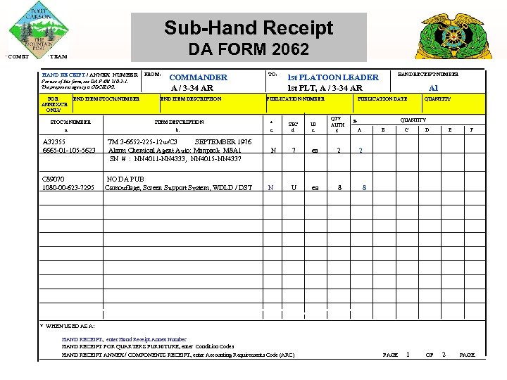 Sub-Hand Receipt COMET DA FORM 2062 TEAM HAND RECEIPT / ANNEX NUMBER For use