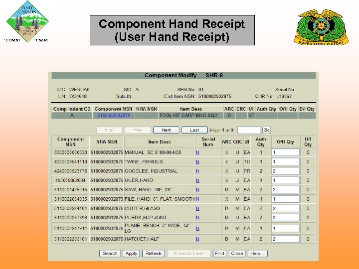  COMET TEAM Component Hand Receipt (User Hand Receipt) 