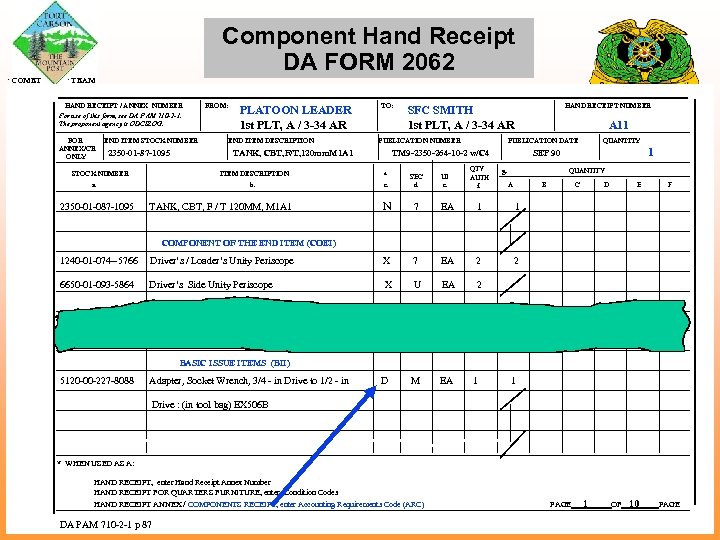 Component Hand Receipt DA FORM 2062 COMET TEAM HAND RECEIPT / ANNEX NUMBER For