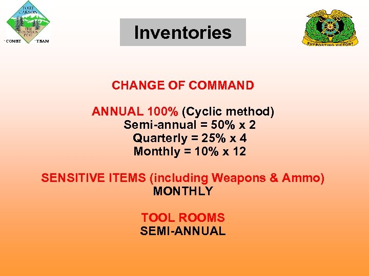  COMET TEAM Inventories CHANGE OF COMMAND ANNUAL 100% (Cyclic method) Semi-annual = 50%