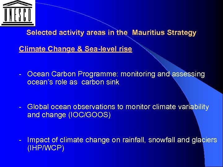 Selected activity areas in the Mauritius Strategy Climate Change & Sea-level rise - Ocean