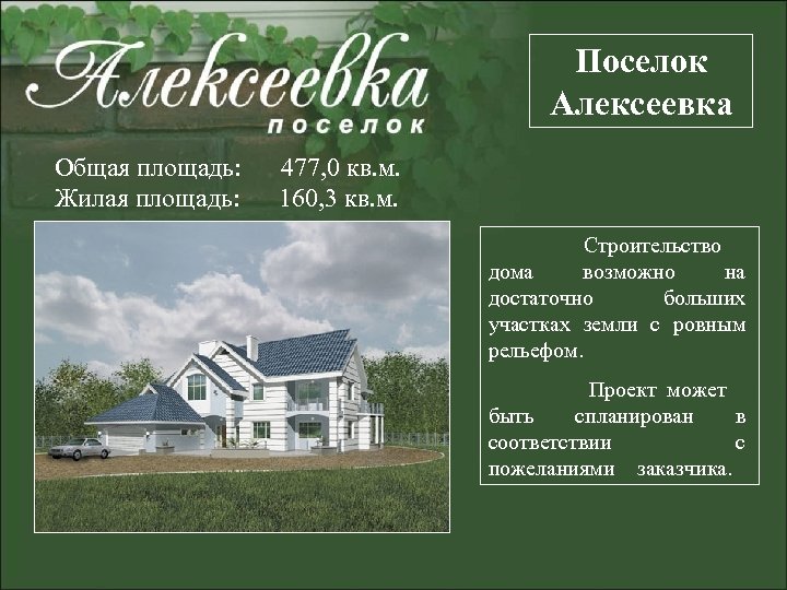Поселок Алексеевка Общая площадь: 477, 0 кв. м. Жилая площадь: 160, 3 кв. м.