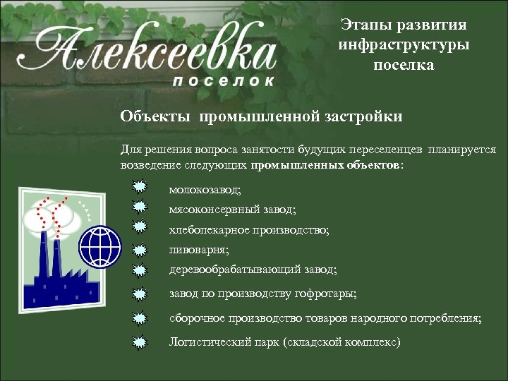 Этапы развития инфраструктуры поселка Объекты промышленной застройки Для решения вопроса занятости будущих переселенцев планируется