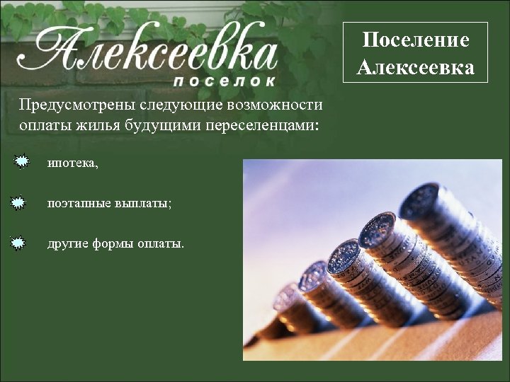 Поселение Алексеевка Предусмотрены следующие возможности оплаты жилья будущими переселенцами: ипотека, поэтапные выплаты; другие формы
