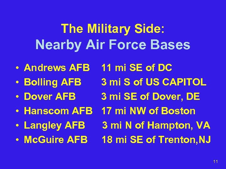 The Military Side: Nearby Air Force Bases • • • Andrews AFB Bolling AFB