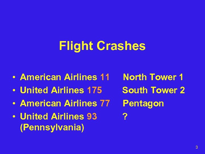 Flight Crashes • • American Airlines 11 United Airlines 175 American Airlines 77 United