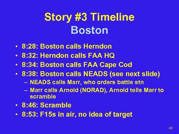 Story #3 Timeline Boston • • 8: 28: Boston calls Herndon 8: 32: Herndon