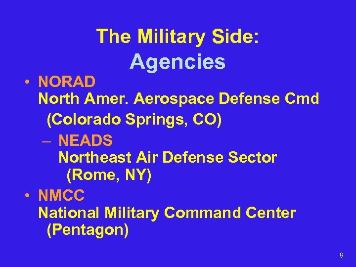 The Military Side: Agencies • NORAD North Amer. Aerospace Defense Cmd (Colorado Springs, CO)