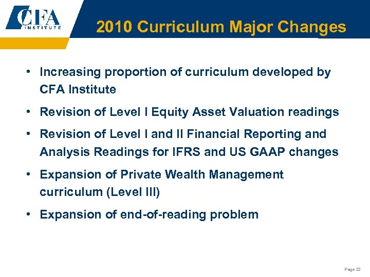 2010 Curriculum Major Changes • Increasing proportion of curriculum developed by CFA Institute •