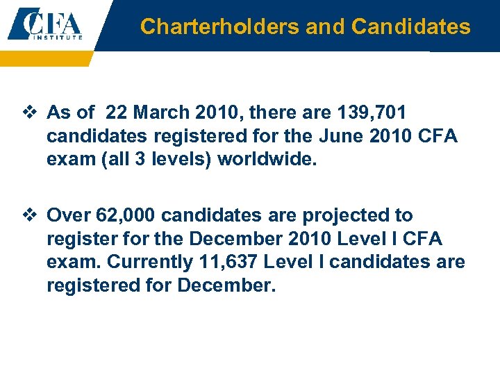 Charterholders and Candidates v As of 22 March 2010, there are 139, 701 candidates
