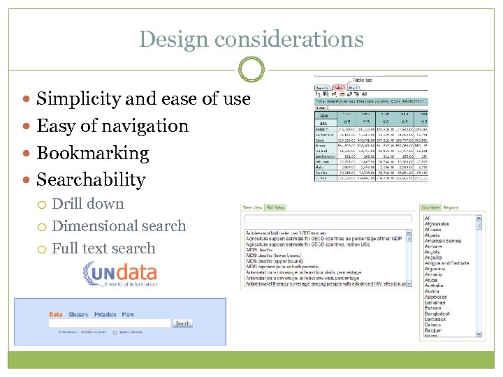 Design considerations Simplicity and ease of use Easy of navigation Bookmarking Searchability Drill down