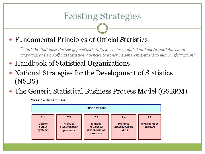 Existing Strategies Fundamental Principles of Official Statistics “statistics that meet the test of practical