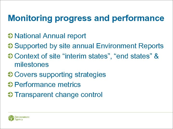 Monitoring progress and performance National Annual report Supported by site annual Environment Reports Context