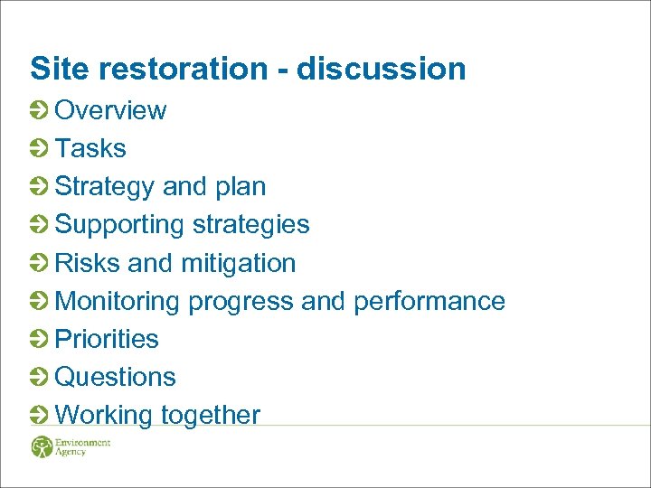 Site restoration - discussion Overview Tasks Strategy and plan Supporting strategies Risks and mitigation