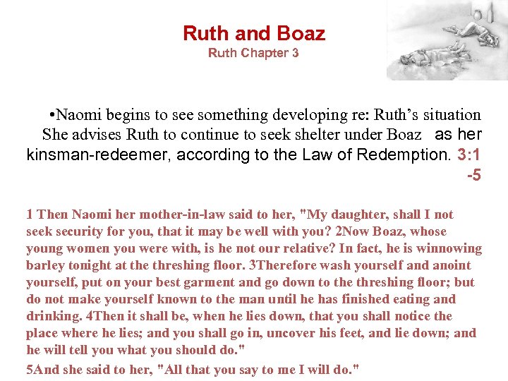 Ruth and Boaz Ruth Chapter 3 • Naomi begins to see something developing re: