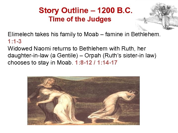Story Outline – 1200 B. C. Time of the Judges Elimelech takes his family