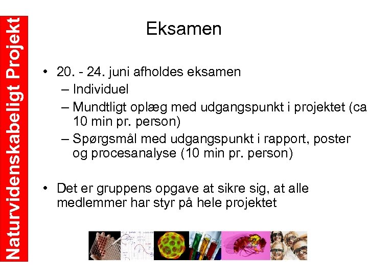 Naturvidenskabeligt Projekt Eksamen • 20. 24. juni afholdes eksamen – Individuel – Mundtligt oplæg