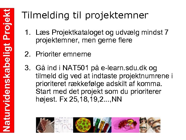 Naturvidenskabeligt Projekt Tilmelding til projektemner 1. Læs Projektkataloget og udvælg mindst 7 projektemner, men