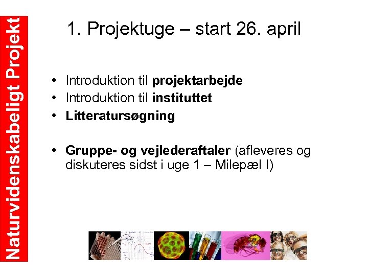 Naturvidenskabeligt Projekt 1. Projektuge – start 26. april • Introduktion til projektarbejde • Introduktion