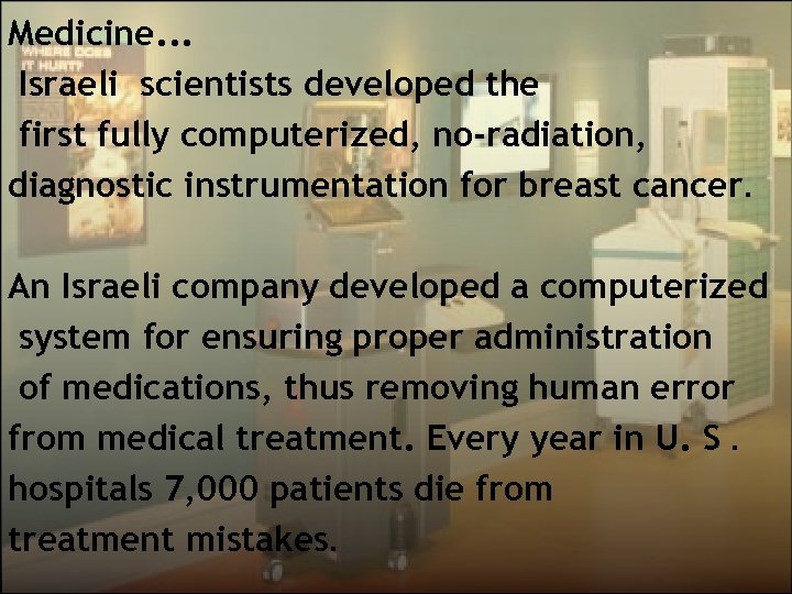 Medicine. . . Israeli scientists developed the first fully computerized, no-radiation, diagnostic instrumentation for
