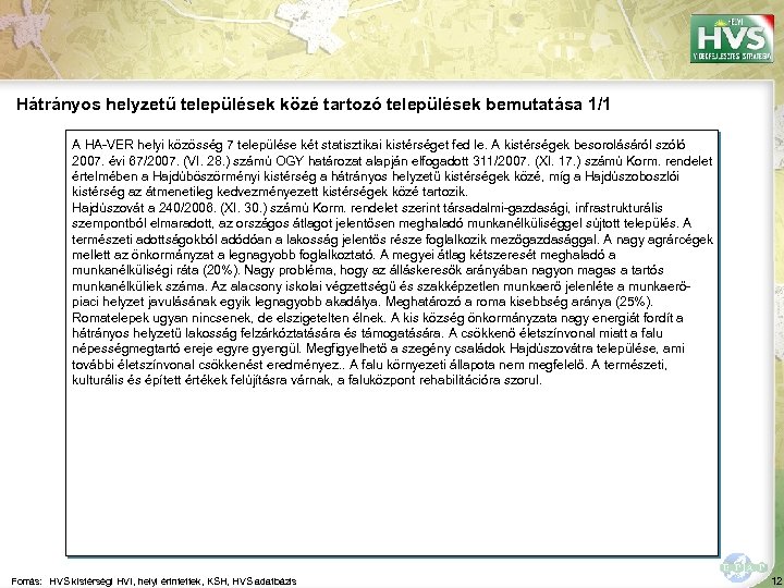 Hátrányos helyzetű települések közé tartozó települések bemutatása 1/1 A HA-VER helyi közösség 7 települése