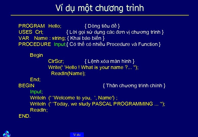 Ví dụ một chương trình PROGRAM Hello; { Dòng tiêu đề } USES Crt;