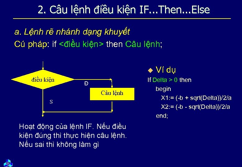 2. Câu lệnh điều kiện IF. . . Then. . . Else a. Lệnh