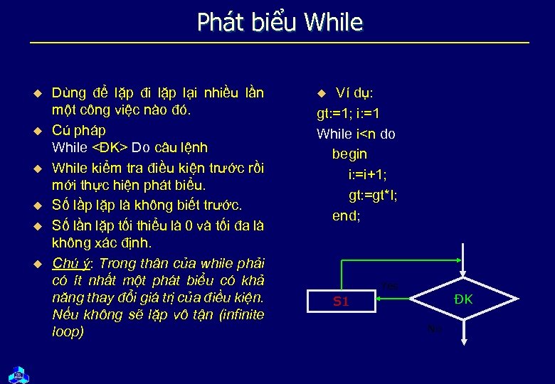 Phát biểu While u u u Dùng để lặp đi lặp lại nhiều lần