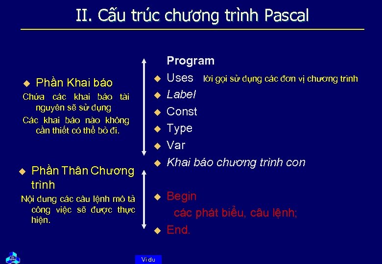 II. Cấu trúc chương trình Pascal u Phần Khai báo Chứa các khai báo