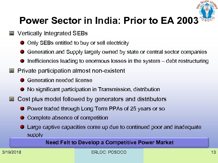 Power Sector in India: Prior to EA 2003 Vertically Integrated SEBs Only SEBs entitled